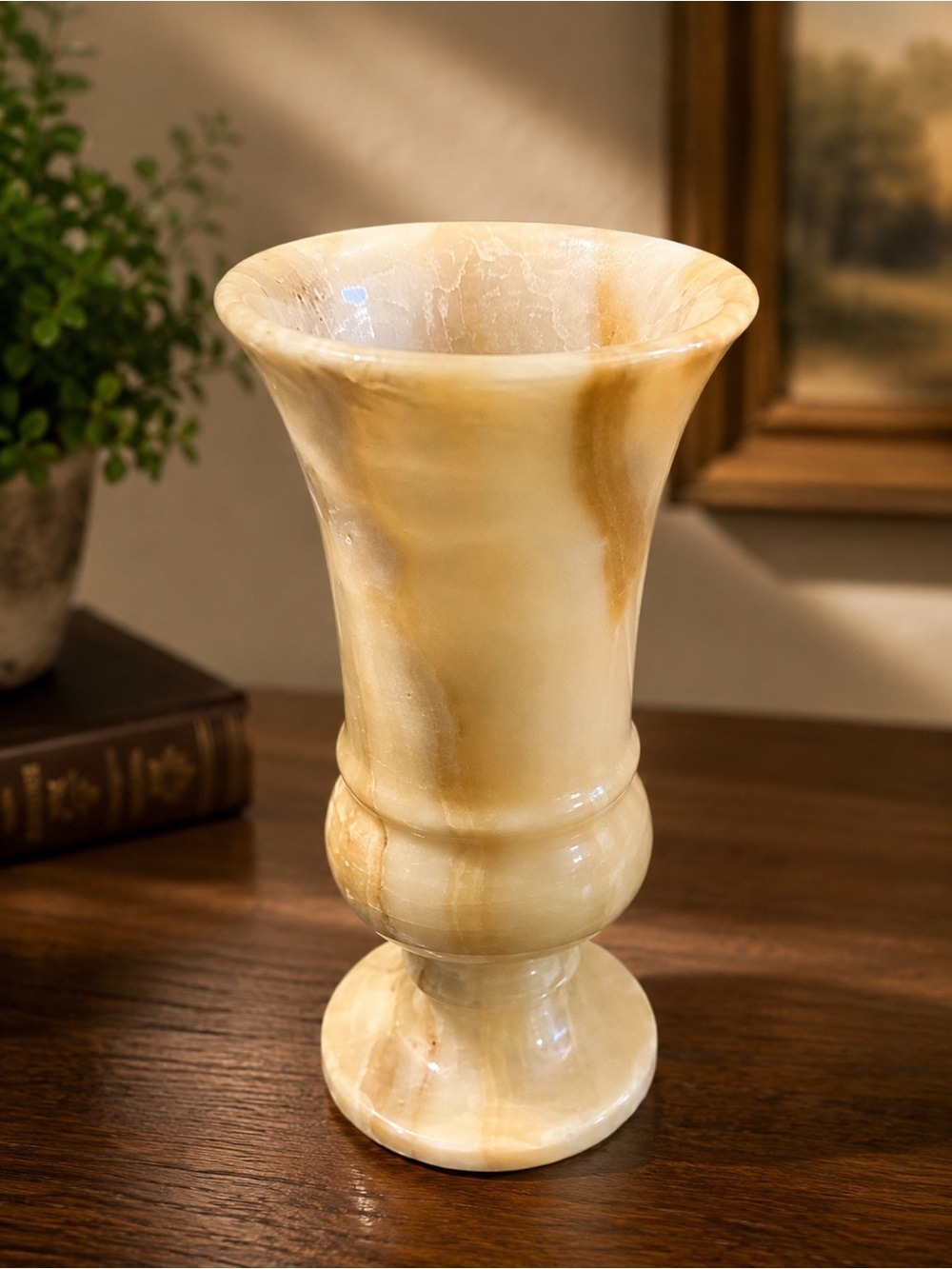 Vintage Natural Genuine Onyx Stone Decorative Vase / Goblet • Cream Finish